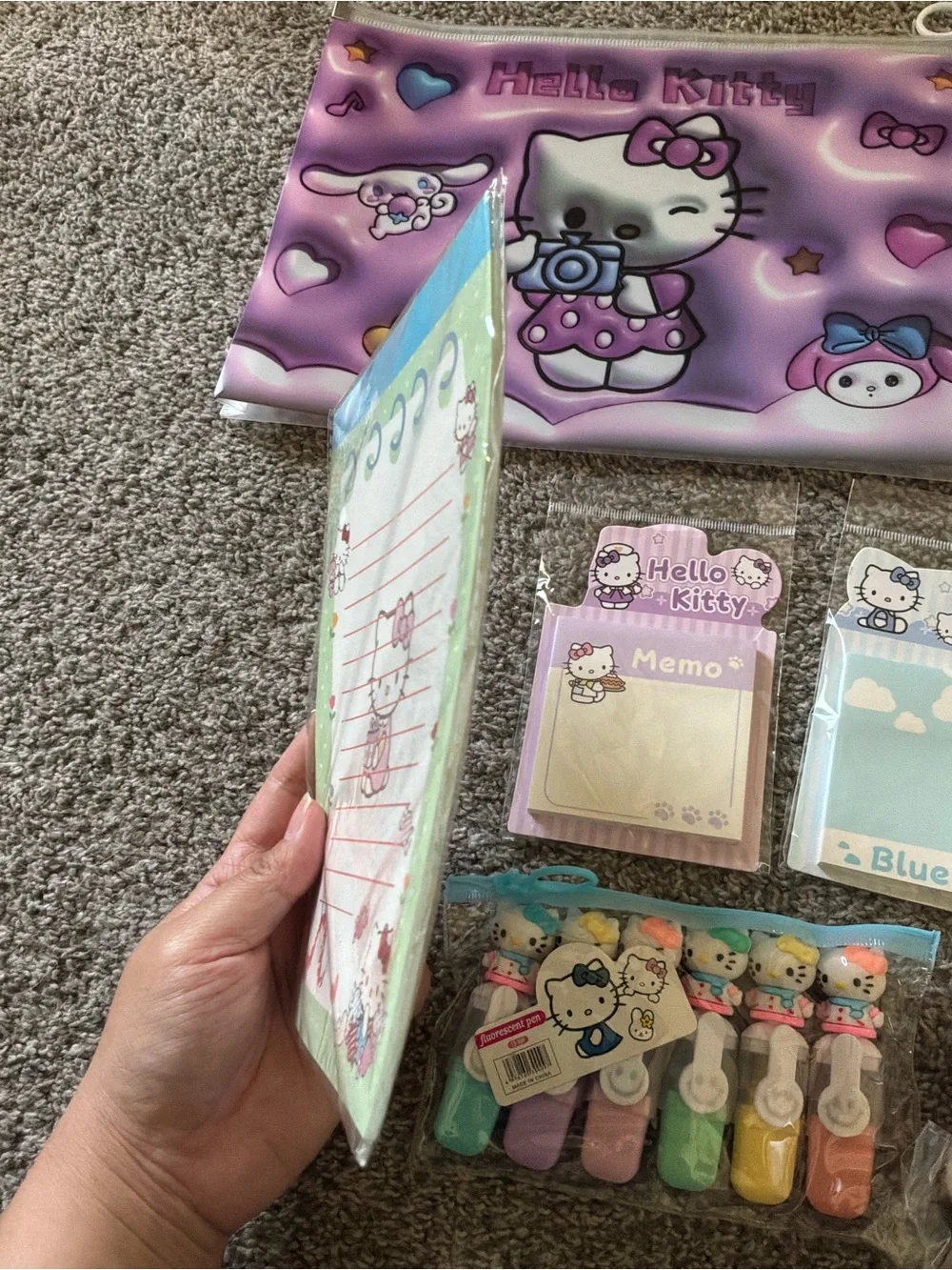 Hello Kitty 6 Pieces Stationary Bundle Lot with Handmade Plush Keychain